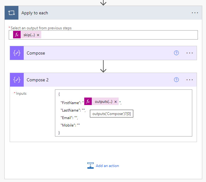 Local CSV Upload and Parsing - a second Compose Action