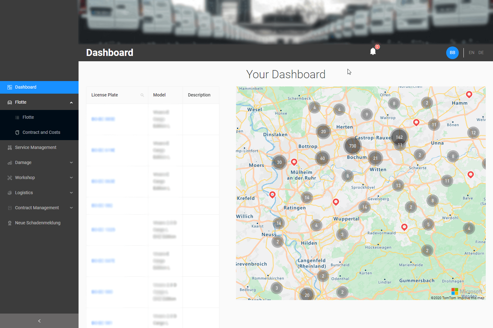 Detailed dashboard for Car fleet management portal based on D365