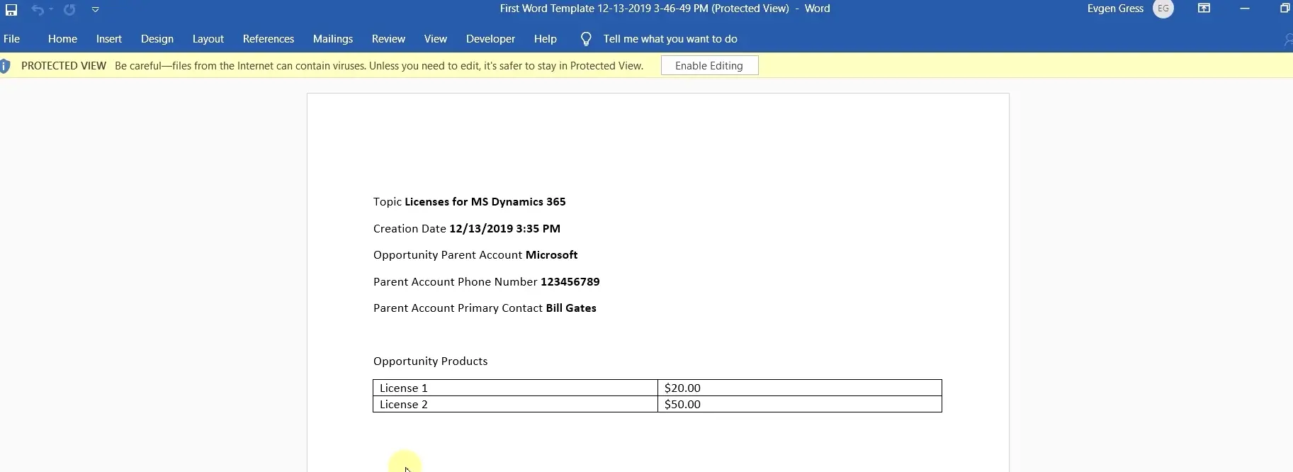Word Templates for Dynamics 365 - Word File with Data from Opportunity
