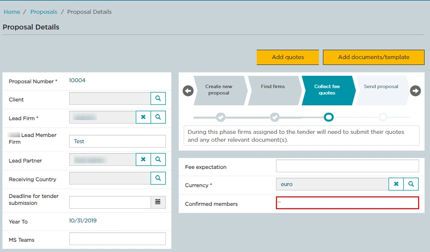 Proposal creation page - Accounting Client Portal based on D365