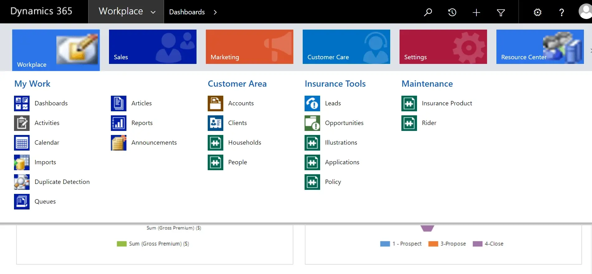 Microsoft Dynamics 365 Life Insurance - Navigation Menu