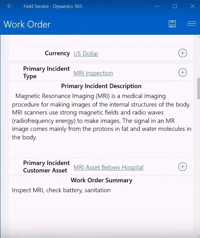 How MS Dynamics 365 Field Service Works - work order in mobile app