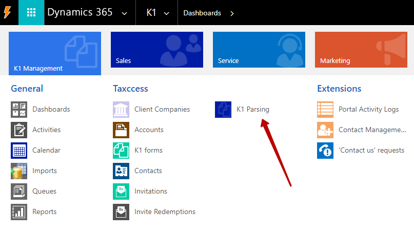 Navigation to Document Parsing Service from the Dynamics 365 - D365 Portal
