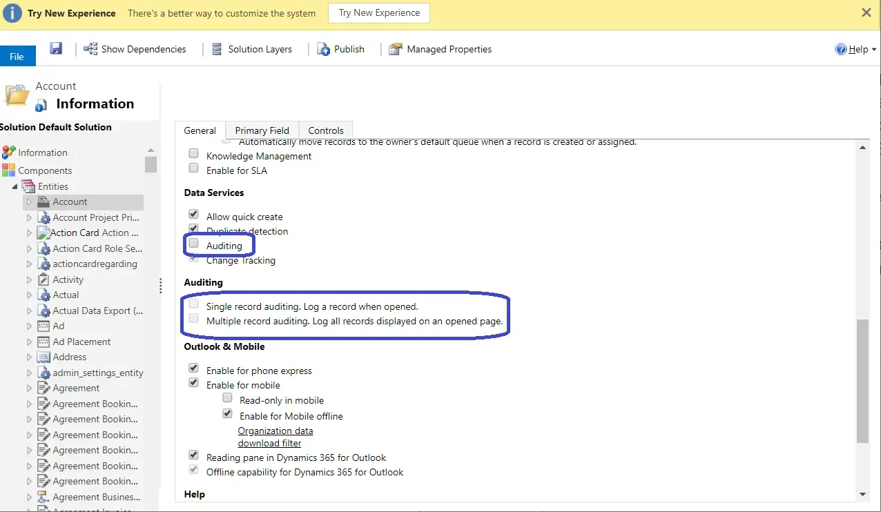 Enable Dynamics 365 Auditing - Data Services and Auditing areas