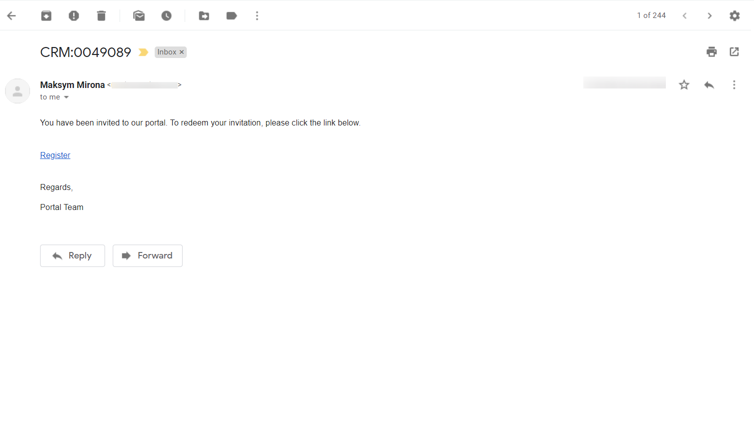 Receiving a personal invitation link to the Portal in Dynamics 365 Portal