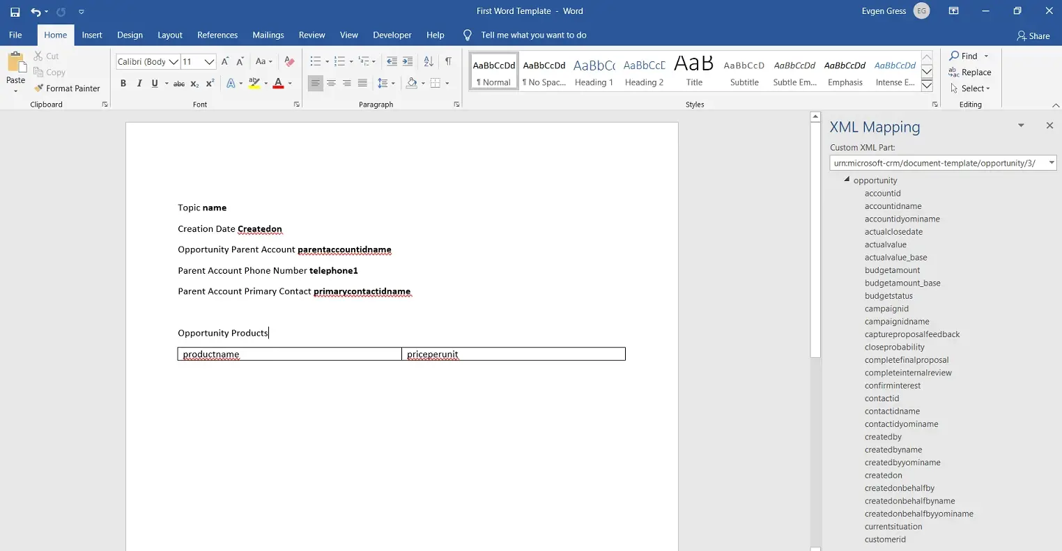 Word Templates for Dynamics 365 - Opportunity Product in XML Mapping