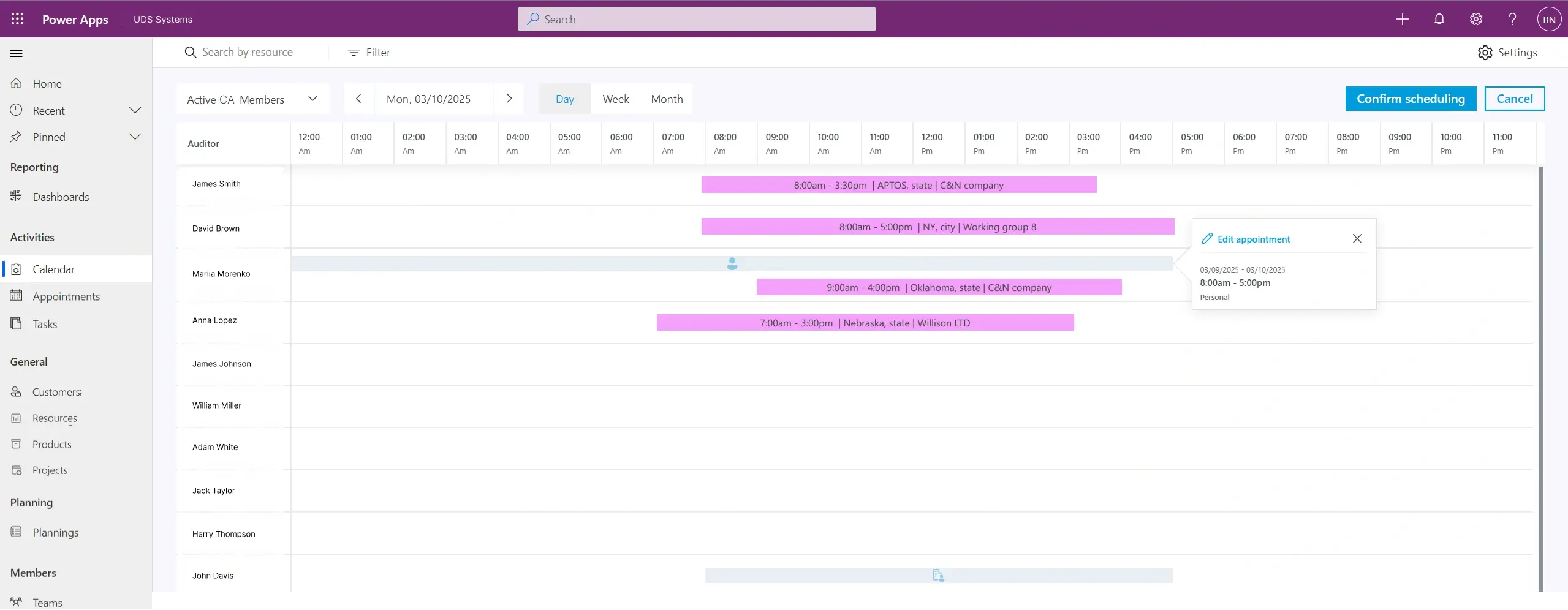 day view in Dynamics 365 Resource Scheduling solution