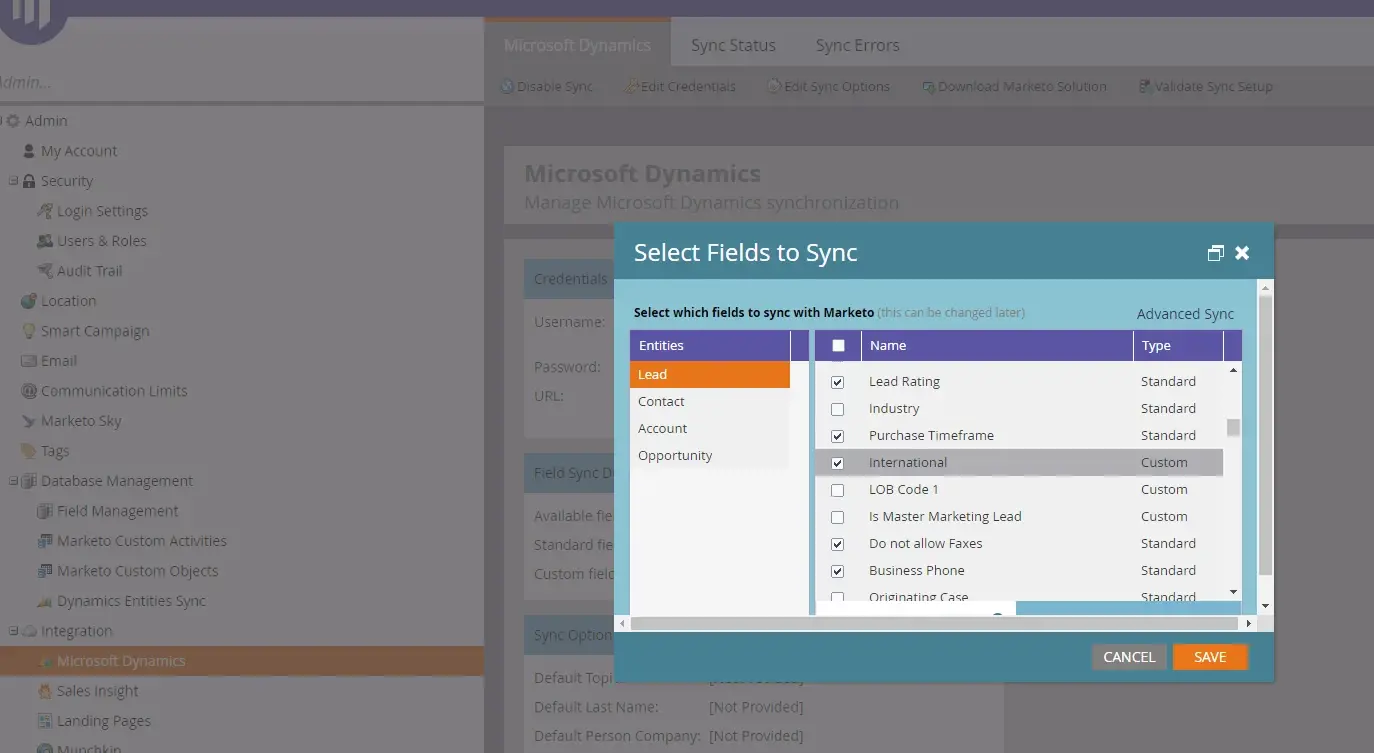 Marketo and Dynamics 365 CRM Integration Highlights - Fields Sync dialog in Marketo Admin section