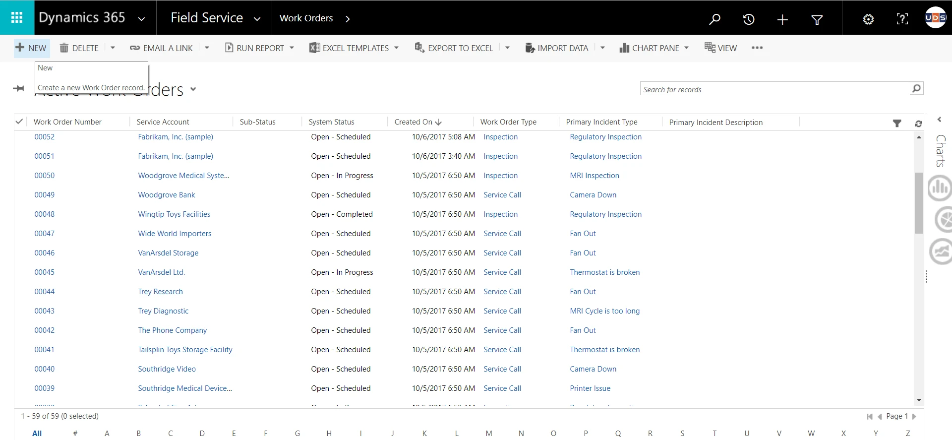 How MS Dynamics 365 Field Service Works - creating Work Order from Work Order List