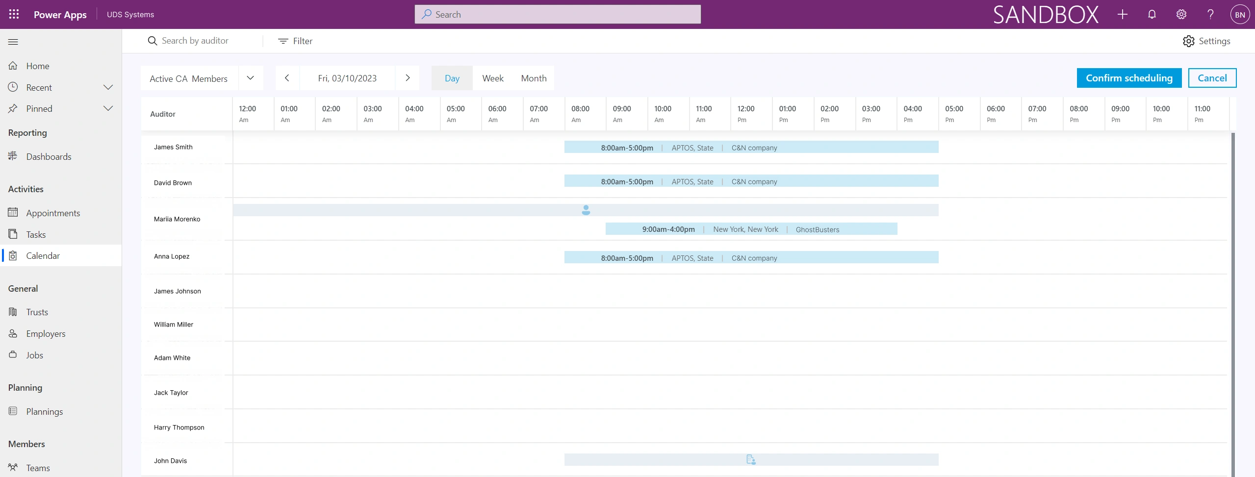 Power Apps application to simplify planning and management of appointments - day view