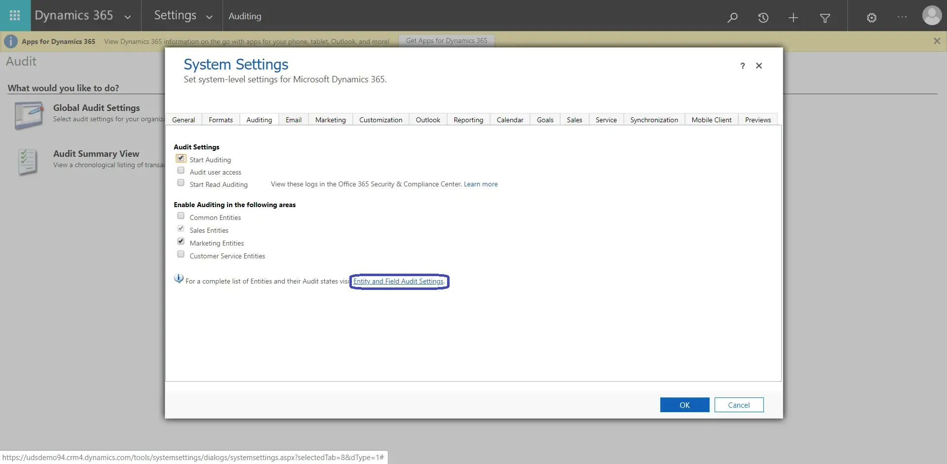 Enable Dynamics 365 Auditing - system settings