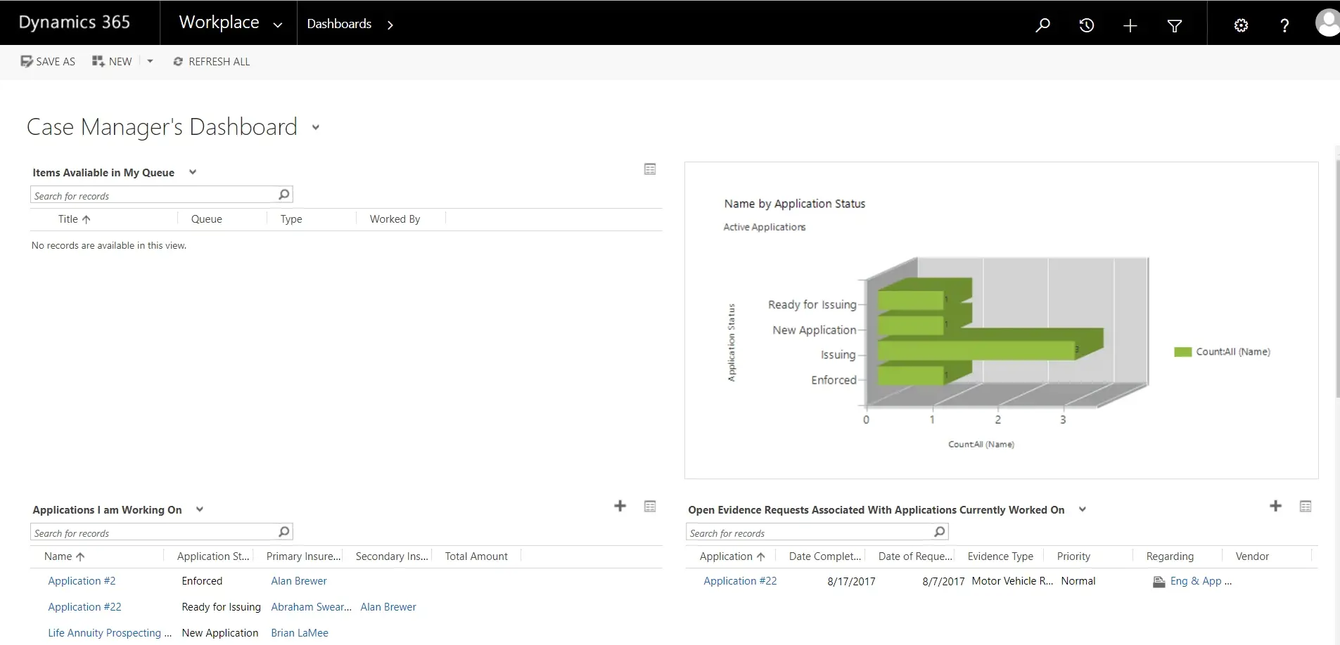 Microsoft Dynamics 365 Life Insurance - case manager's dashboard