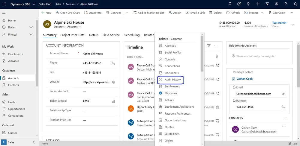 Enable Dynamics 365 Auditing - Audit History tab