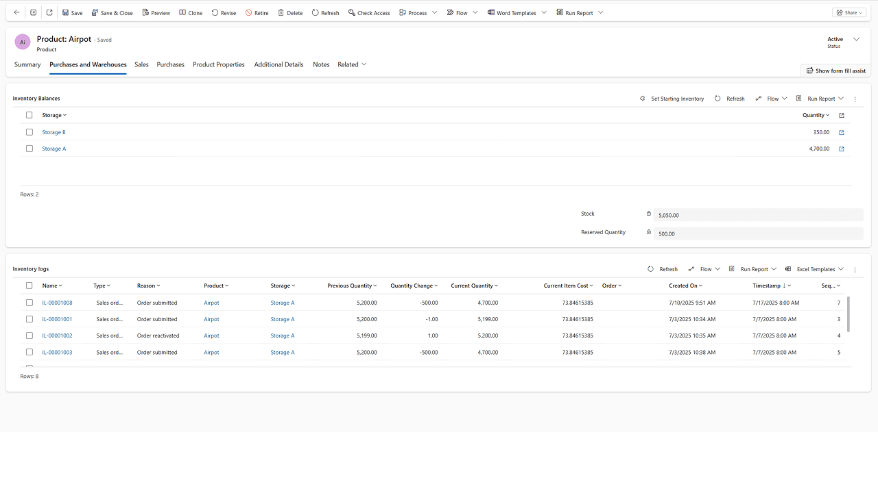purchases and warehouse in inventory management tool
