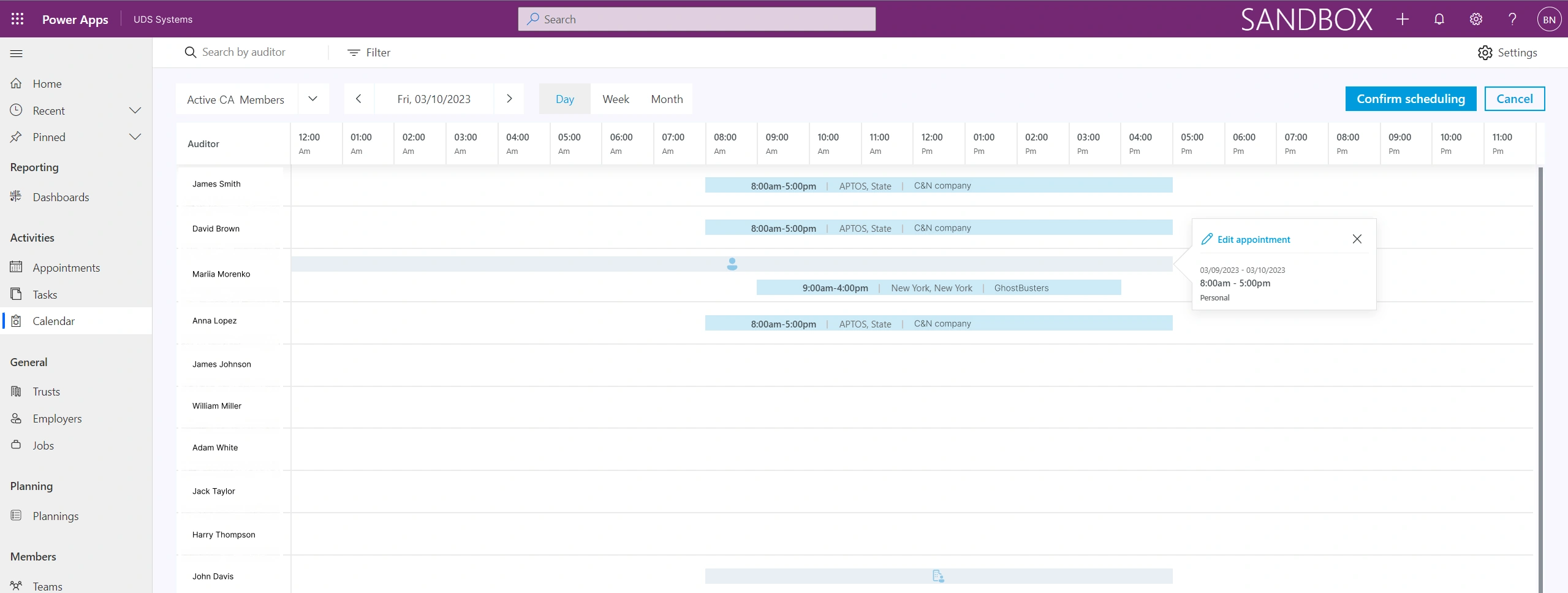 Power Apps application to simplify planning and management of appointments - day view (Selected Appointment)
