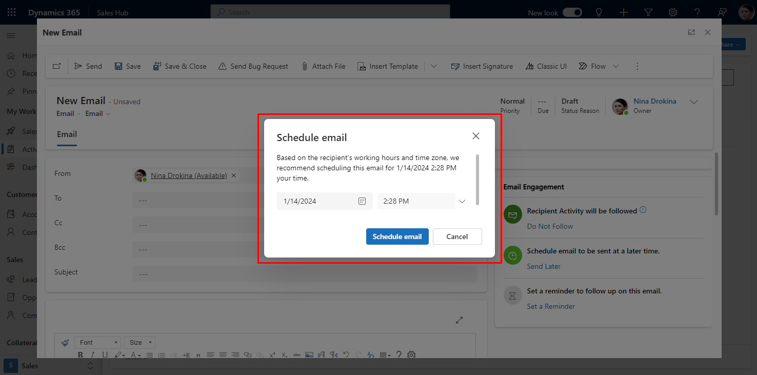 how to Schedule Emails from Timeline in D365 Customer Insights