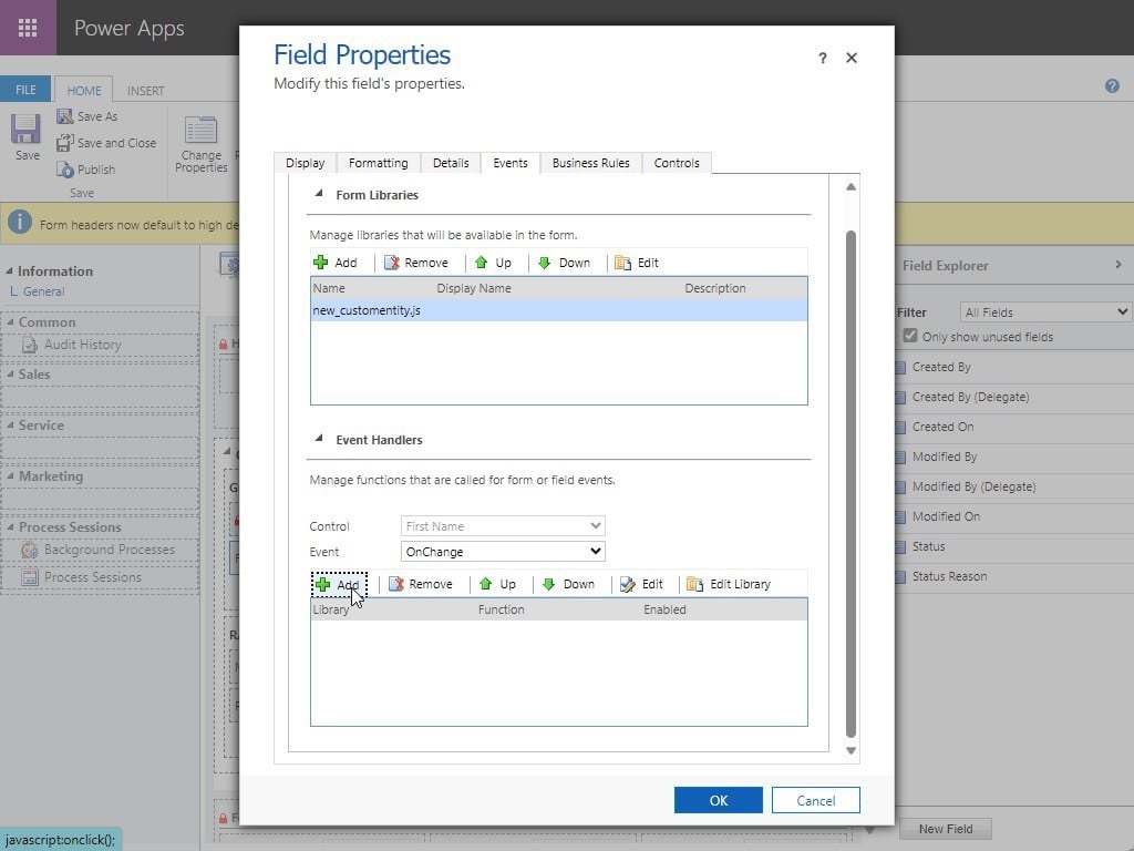 Actions in Microsoft Dynamics 365 CRM - Adding Events for Field Changes