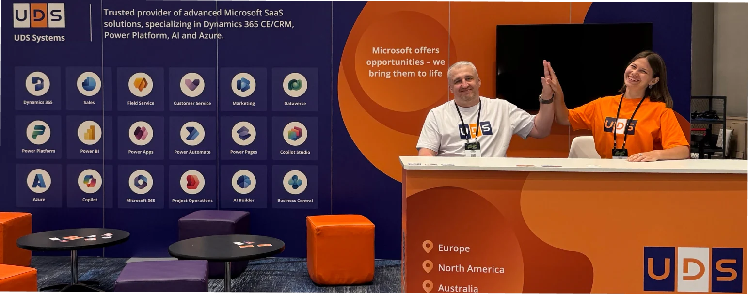 UDS Systems team at their booth during DynamicsCon 2026 in Las Vegas, showcasing Microsoft Dynamics 365 and Power Platform solutions