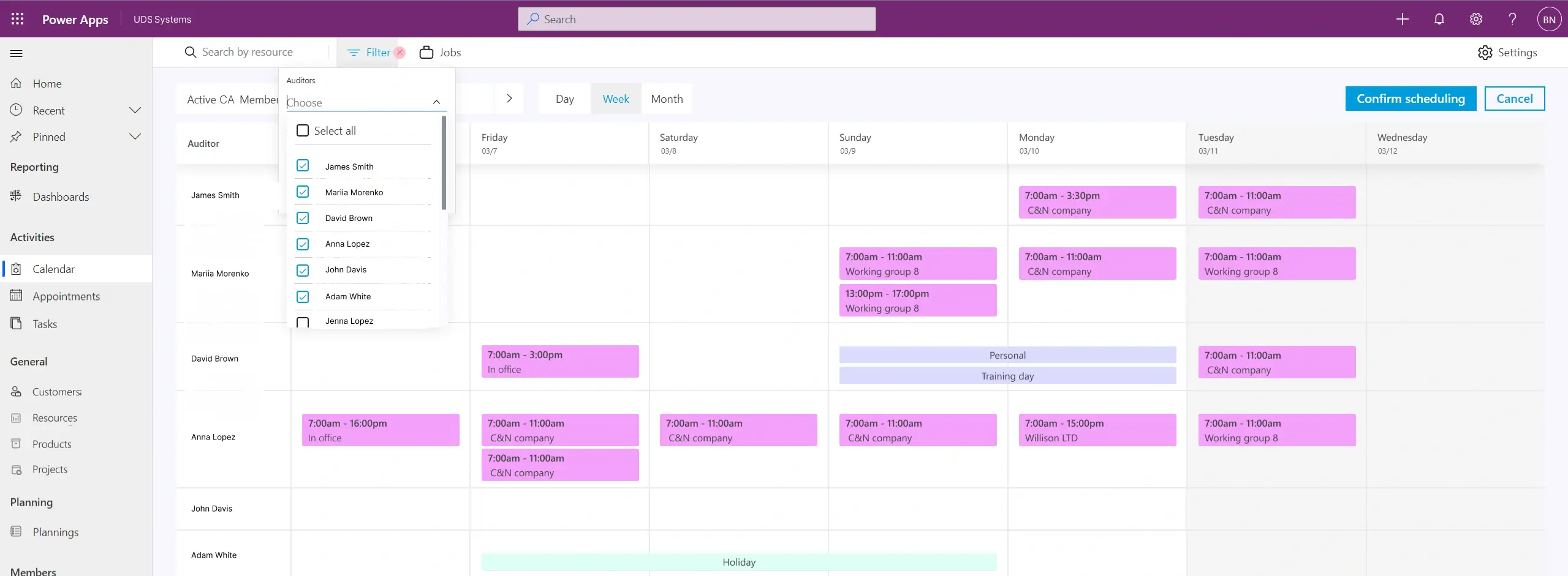 how Dynamics 365 Resource Scheduling solution looks - week view