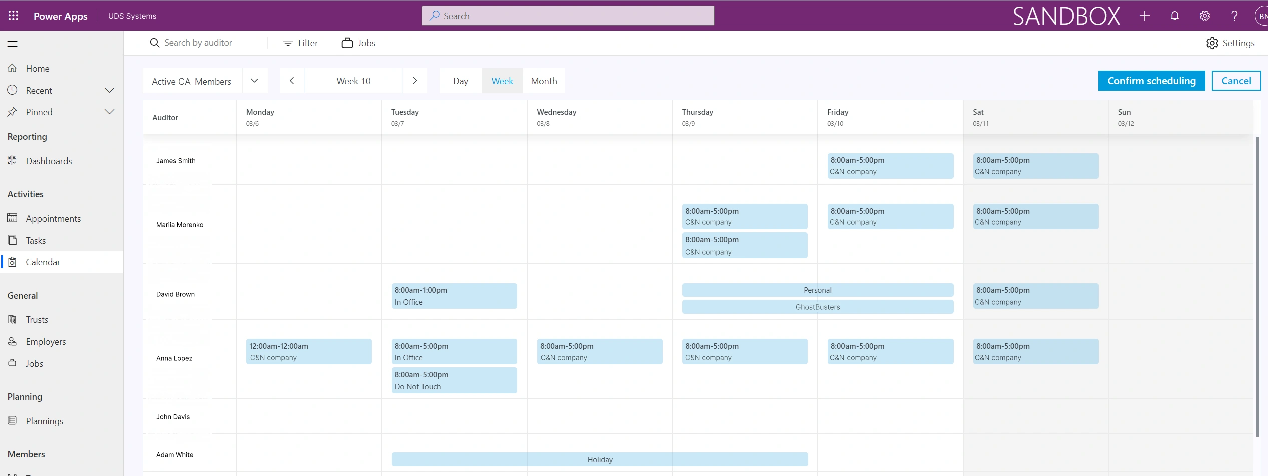 Power Apps application to simplify planning and management of appointments - week view