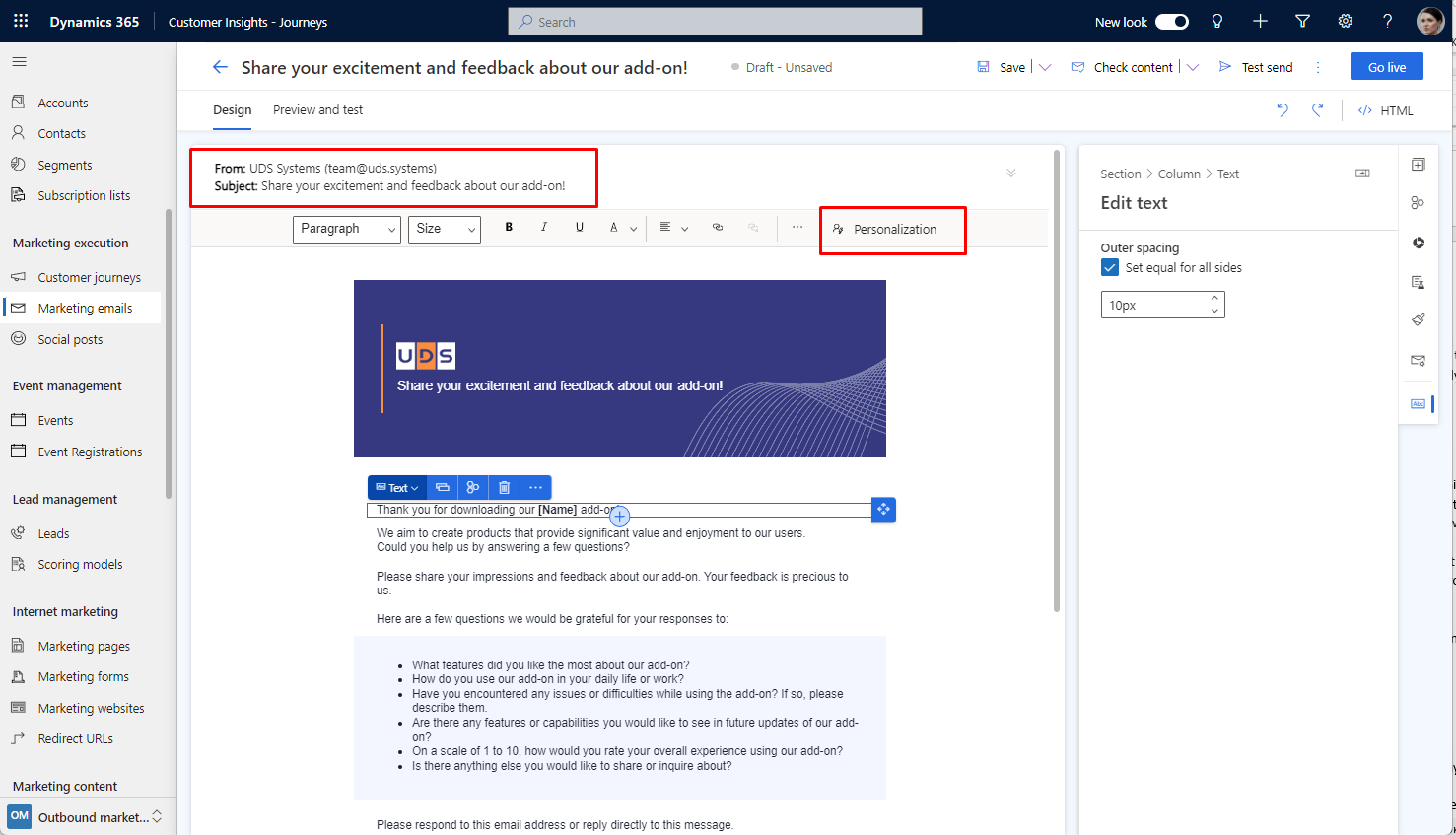 Sending a Test Email in Dynamics 365 Customer Insights - Composing the Email